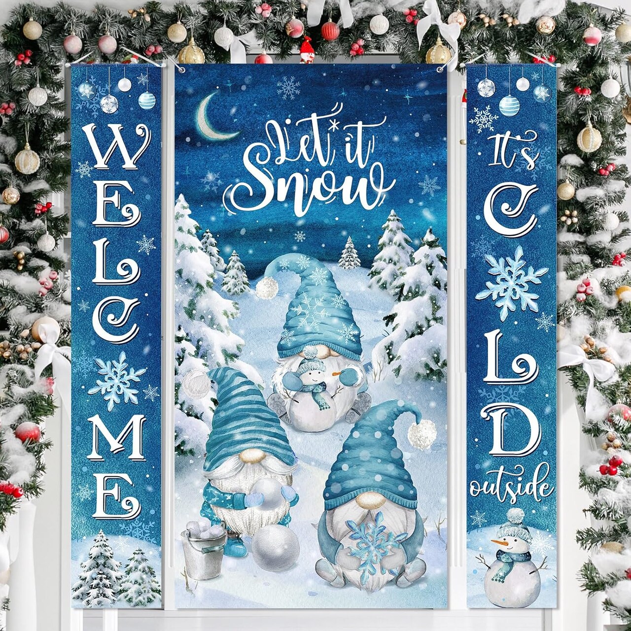 3 Pieces Christmas Door Decorations Gnomes Let It Snow Door Cover Fabric Welcome(blue and white)71"L x 35"W